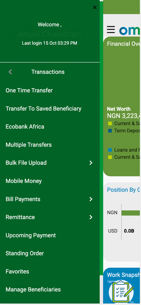 Ecobank Omni Lite - Menu des transactions et des paiements de l'application mobile Ecobank Omni Lite.