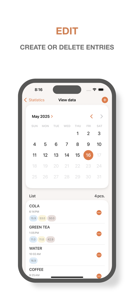Drink Note – Water Tracker - 월별 달력과 일일 음료 항목의 상세 목록을 표시하는 Drink Note 앱 화면.