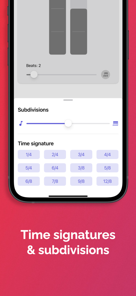 Easy Metronome - Easy Metronome app interface showing time signature and subdivision adjustment settings.