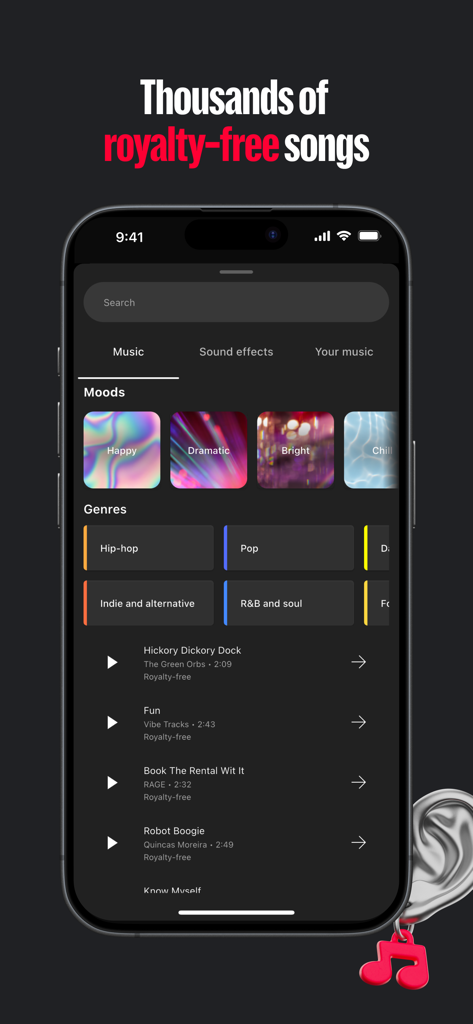 Interface de l'application YouTube Create montrant une bibliothèque de chansons libres de droits classées par humeur et par genre