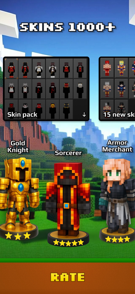 Torgo: Addons & Maps for MCPE - A showcase of over 1000 custom Minecraft PE skins featuring character designs like Gold Knight and Sorcerer
