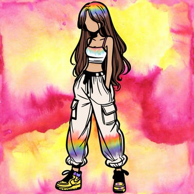 girl in baggy pants crop top and long hair