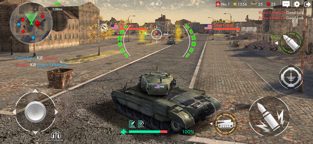 Third person view of a 3D tank battle in a destroyed city within Tank Warfare PvP Tanks Blitz.