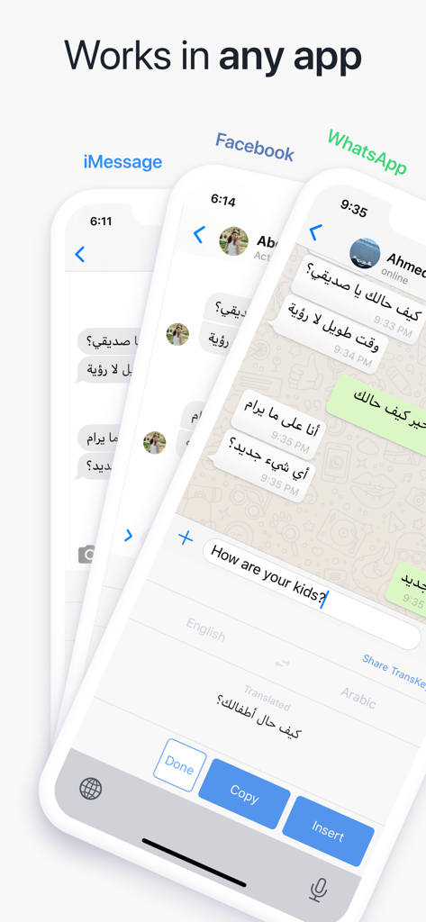 Interface de l'application TransKey montrant la traduction en temps réel dans les chats iMessage, Facebook et WhatsApp