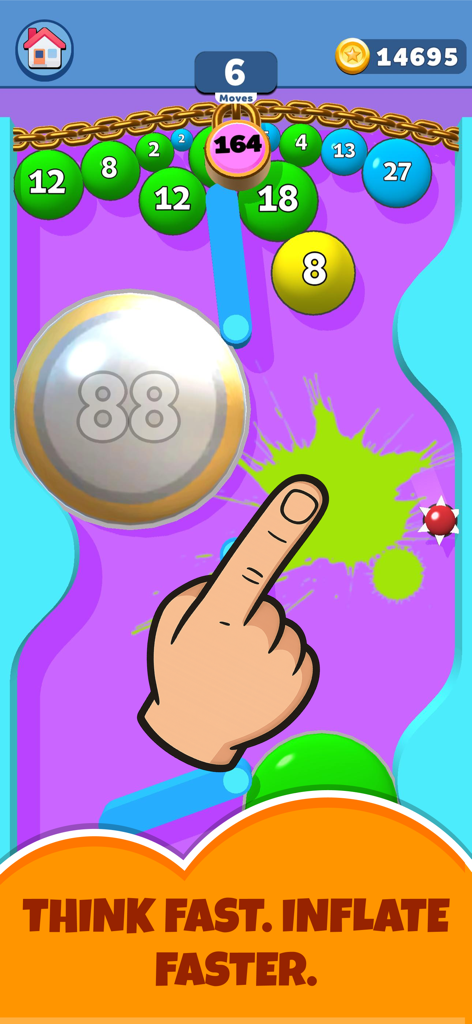 Puff Up - Puff Up 모바일 퍼즐 게임에서 숫자가 적힌 풍선을 부풀리는 손