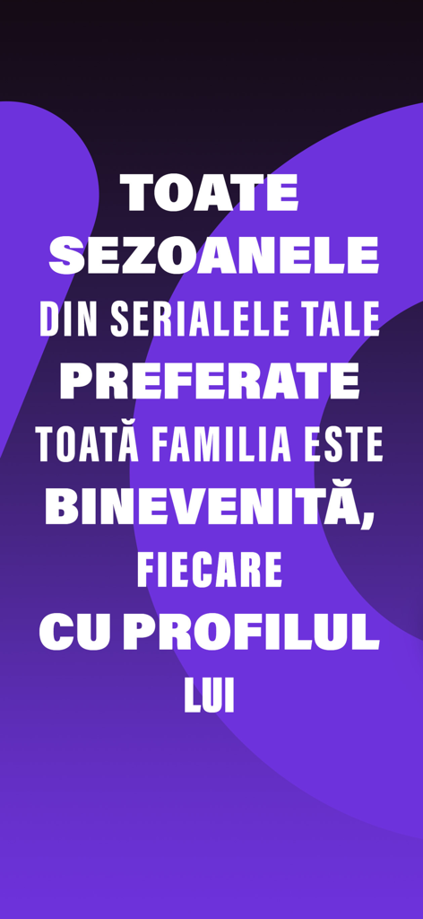 Voyo.ro - Text auf Rumänisch auf violettem Hintergrund, der vollständige Staffeln von Serien und einzelne Familienprofile in der Voyo-App bewirbt