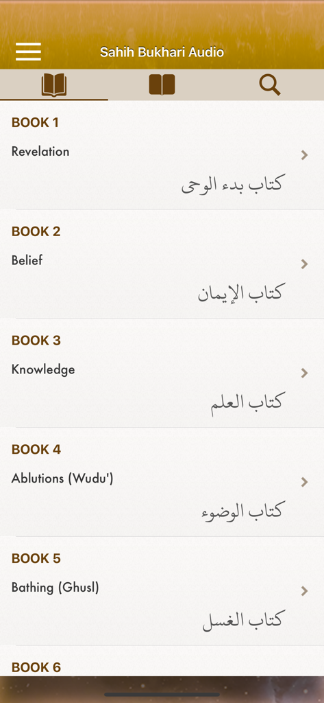 Sahih Al-Bukhari Audio English - Mobile app screen showing a list of books from Sahih Al-Bukhari with English and Arabic titles