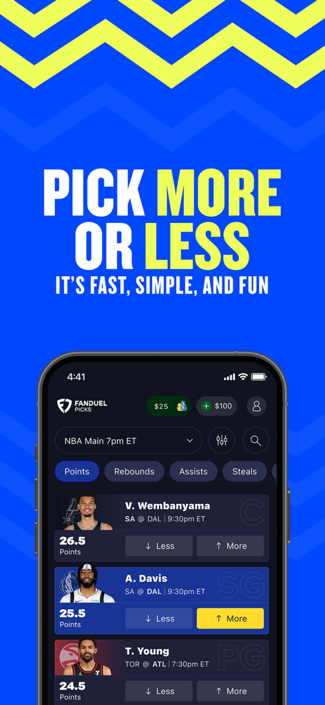 Interfaccia dell'app FanDuel Picks che mostra le previsioni sulle proposte NBA con opzioni più o meno per i punti del giocatore