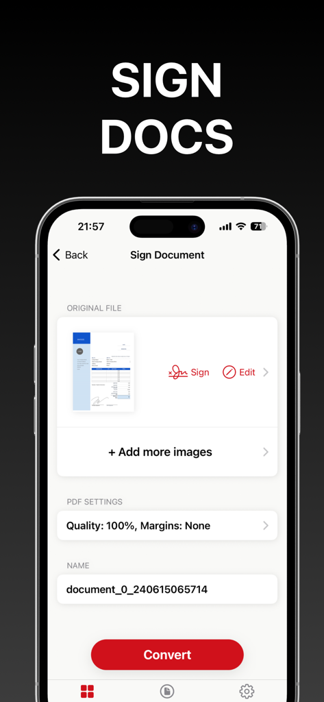 PDF App: Convert, Create, Sign - Mobile interface for signing and converting PDF documents on an iPhone