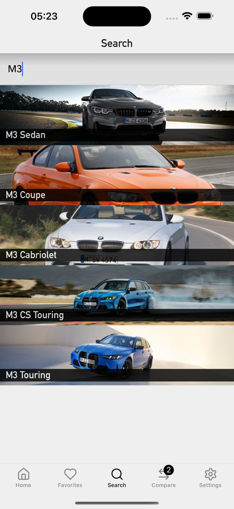 Search results for BMW M3 models showing various body styles in the Car Specs Pro app.