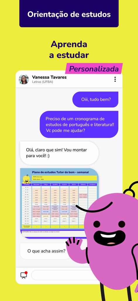 TutorMundi - Interface do aplicativo móvel mostrando um tutor fornecendo um cronograma de estudos semanal personalizado em um chat.