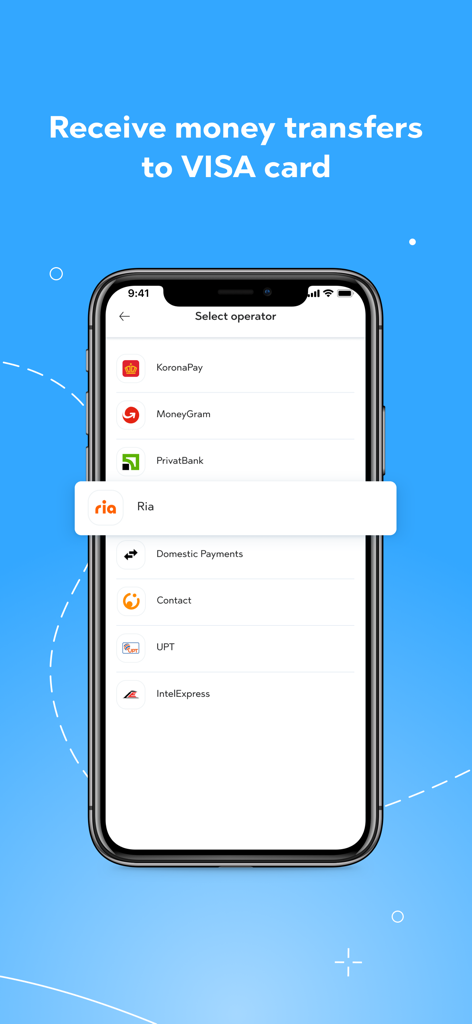 STB Union - Money transfer app - STB Union app screen showing a list of operators to receive money transfers directly to a Visa card