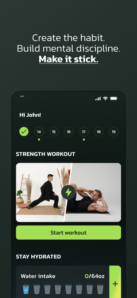Muscle Charge - Muscle Charge mobile app interface showing a strength training workout selection and a water intake tracking feature for men over forty