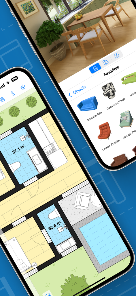 Live Home 3D - House Design - モバイルデバイス上で 2D 間取り図と 3D インテリアデザインビューを表示する Live Home 3D アプリのインターフェース