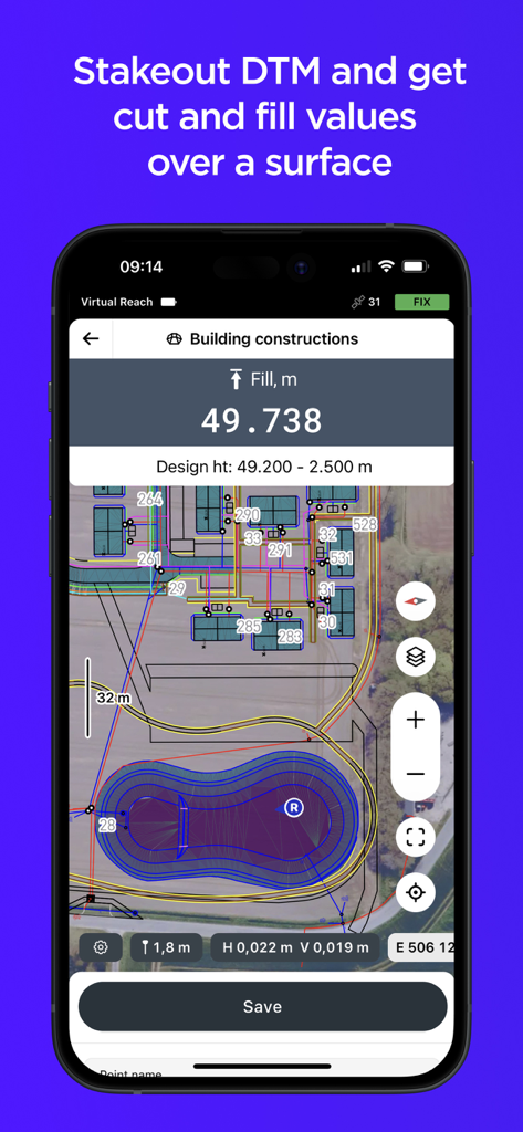 Emlid Flow app interface showing stakeout DTM with cut and fill values on a satellite map
