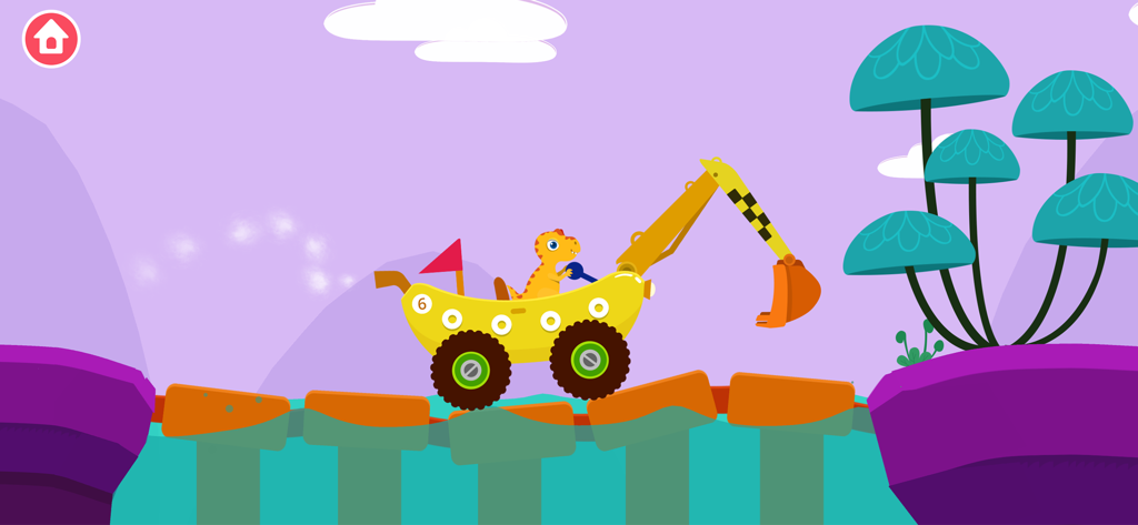 Dinosaur Digger Games for kids - A yellow dinosaur driving a custom excavator across a bridge in a colorful cartoon world