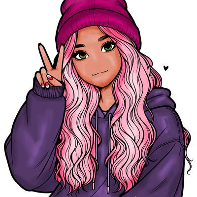 a teenage girl in a beanie, oversized sweatshirt, wavy long hair, and is showing a ✌️