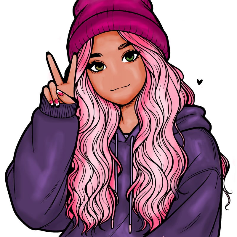 a teenage girl in a beanie, oversized sweatshirt, wavy long hair, and is showing a ✌️