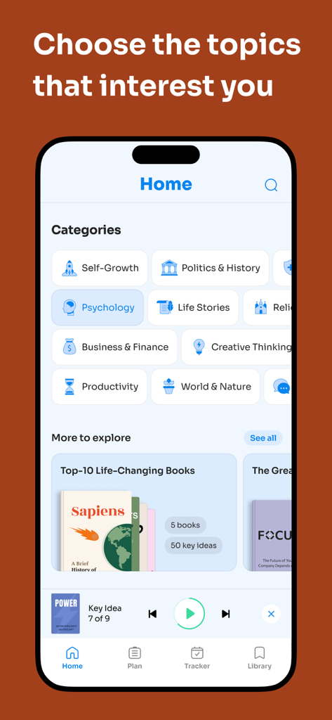 Retell - Key Ideas in 15 Mins - Retell app home screen showing nonfiction categories like psychology and business alongside top book recommendations