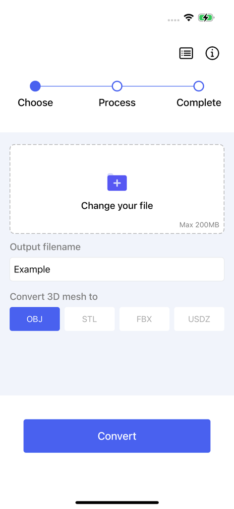 LiDARConvert 3D Data Converter - LiDARConvert interface showing 3D mesh file selection and format options for OBJ STL FBX and USDZ conversion