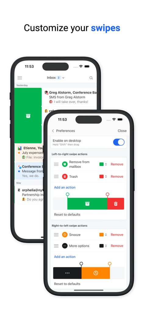 Missive - Email, Chat & Tasks - Oberfläche zur Anpassung von Swipe-Aktionen auf Mobilgeräten in der Missive-E-Mail-App