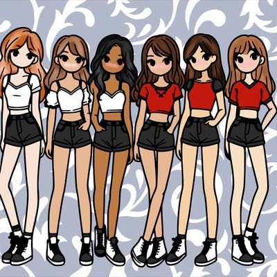 a group of girls wearing crop tops and shorts