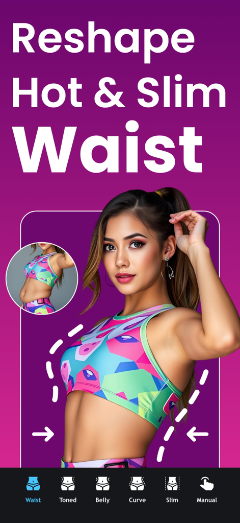 Interface of the Body Tune app showing the waist reshaping feature with a before and after comparison of a woman in sports attire