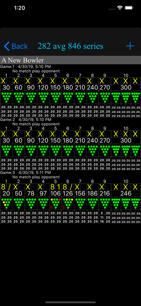 BowlSheet® - BowlSheet app displaying detailed bowling scores and pin layouts for three games.