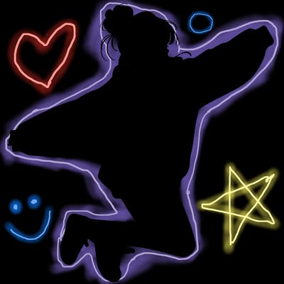 realistic girl jumping with a bun and oversized sweatshirt