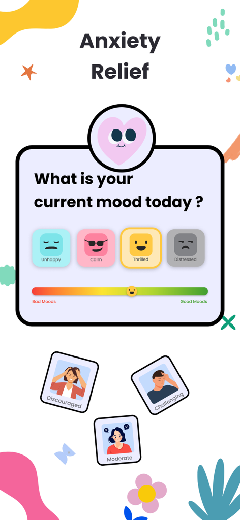 Mood Tracker & Daily Planner. - Schermata dell'app di mood tracker che chiede l'umore giornaliero con icone emotive e un cursore di avanzamento.