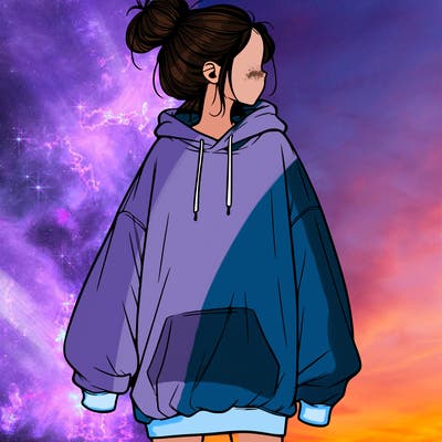 realistic girl with a oversized sweatshirt on and a bun