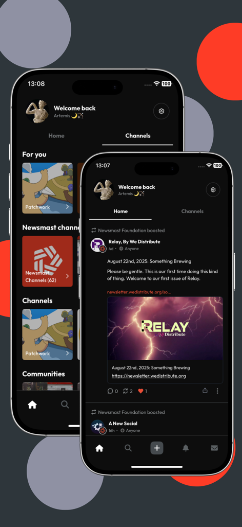 Patchwork: Your Social Media - The Patchwork social media app interface displayed on two iPhones showing the Home feed and community Channels.