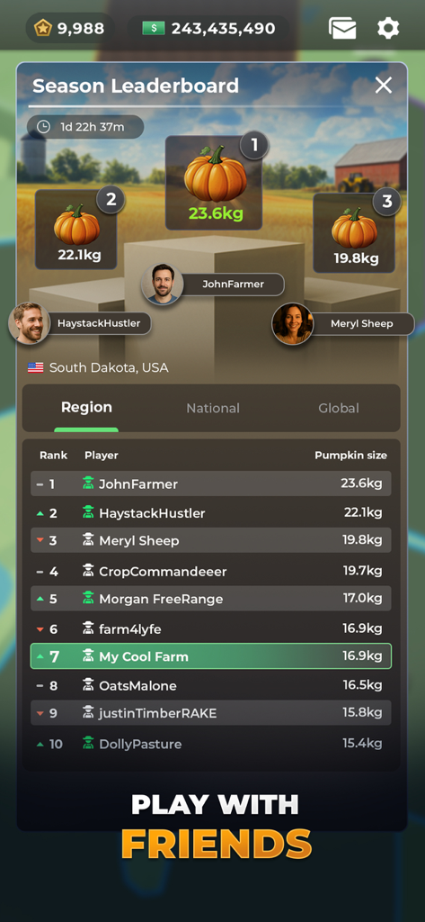 Farm Manager - 2026 - Season leaderboard in Farm Manager 2026 showing player rankings for a pumpkin size competition.