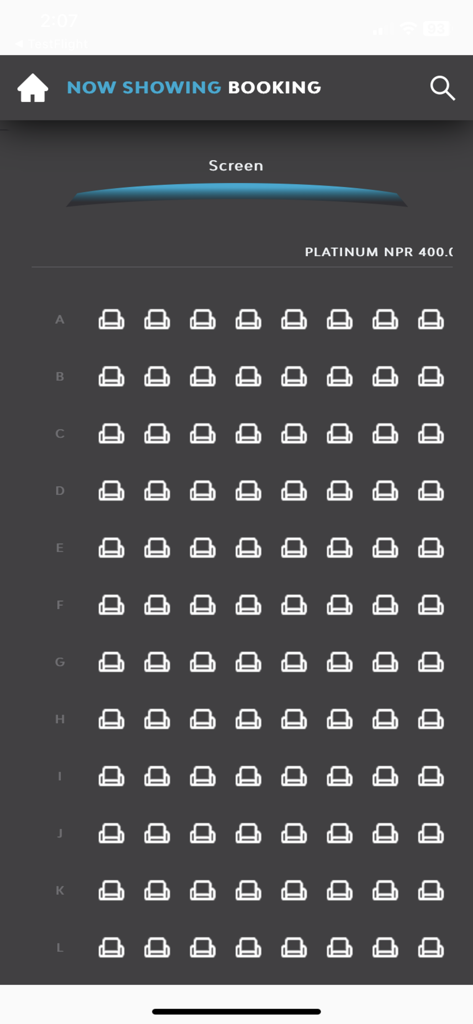 QFX Cinemas - Mobile app screen showing movie theater seat selection layout for QFX Cinemas
