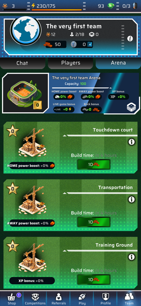 Touchdown - Football PvP Game - Management screen for upgrading the football arena and training facilities in Touchdown PvP