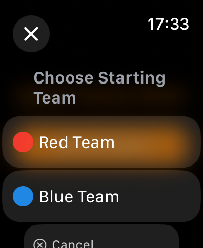 Pantalla de Apple Watch mostrando el menú de selección de equipos con opciones para Equipo Rojo y Equipo Azul en la aplicación Beach Tennis Point