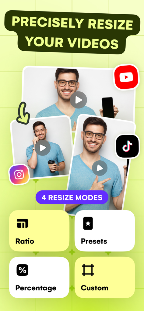 Resize Video - Interface showing four video resizing modes including ratio, presets, percentage, and custom for social media platforms