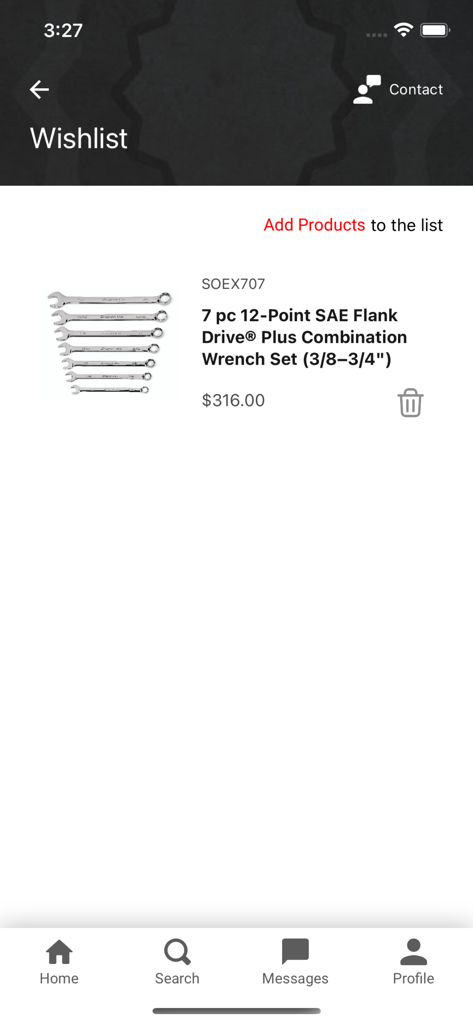 Snap-on - Snap-on Connectアプリのウィッシュリスト画面。7ピースコンビネーションレンチセットと価格が表示されています。