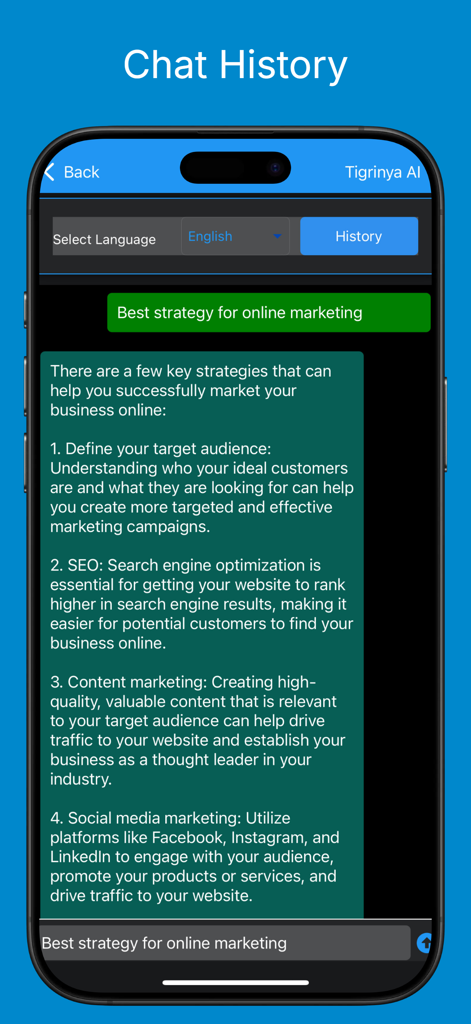 Tigrinya AI app chat history screen displaying professional advice on online marketing strategies