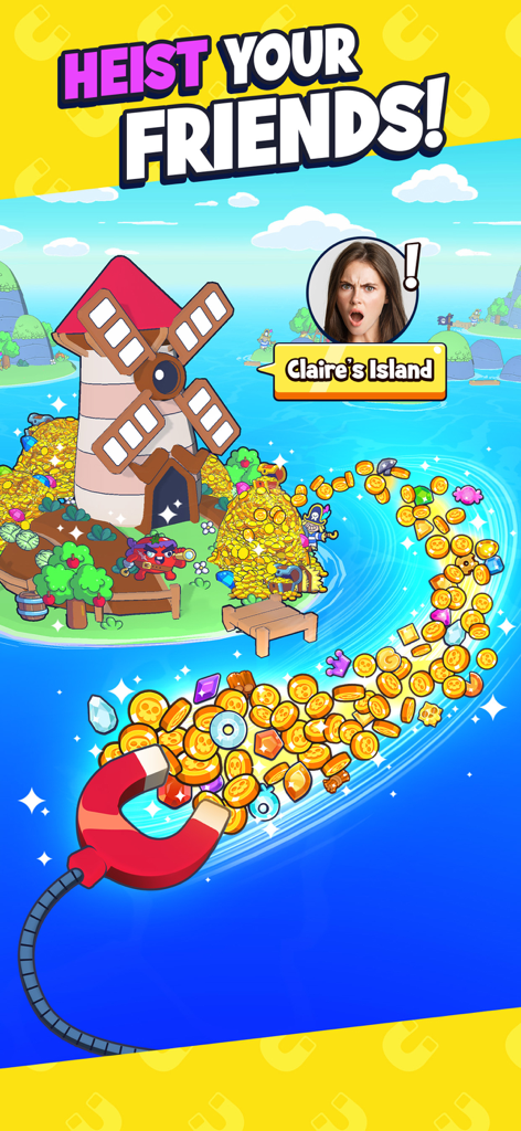Go Go Magnet! - A red magnet pulling a stream of gold coins and treasures from a friend's island in Go Go Magnet.
