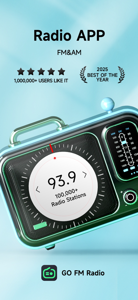 Radio App - FM Radio Stations - Werbebildschirm für die GO FM Radio App mit einem Retro-Digital-Tuner und einer Nutzerbewertung von fünf Sternen