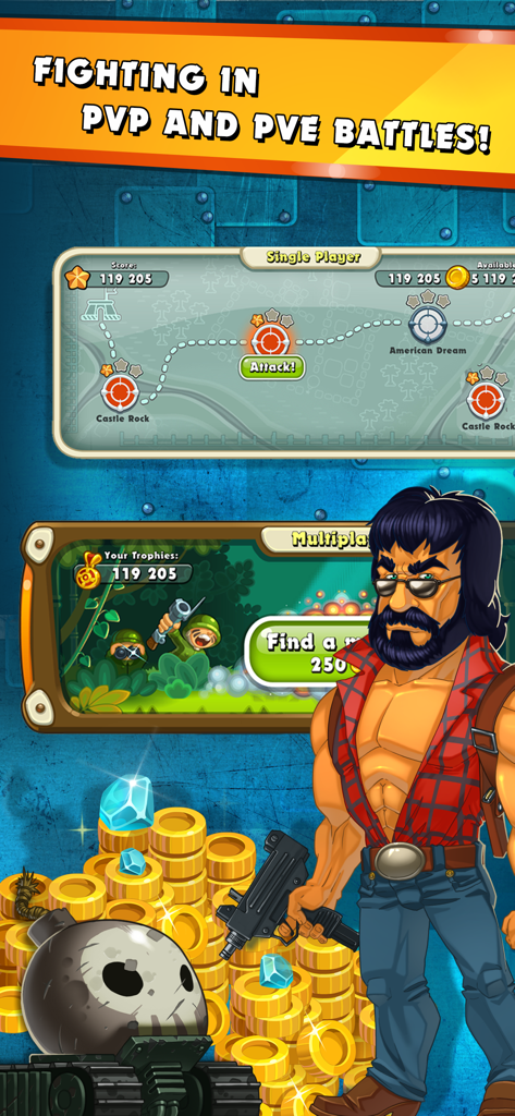 Jungle Heat - Jungle Heat game interface displaying single player PVE map and multiplayer PVP options with an action hero character