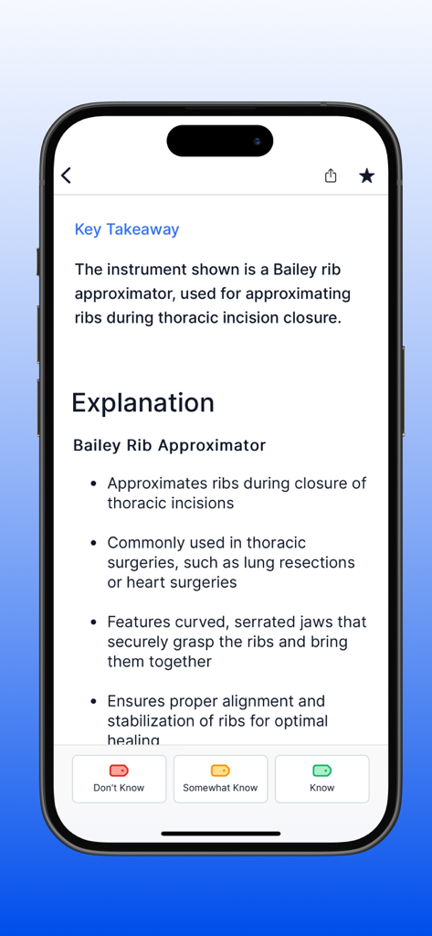Surgical Technologist Mastery - L'application Maîtrise du Technicien en Chirurgie montrant une explication détaillée et un point clé pour l'instrument approximateur de côtes de Bailey.