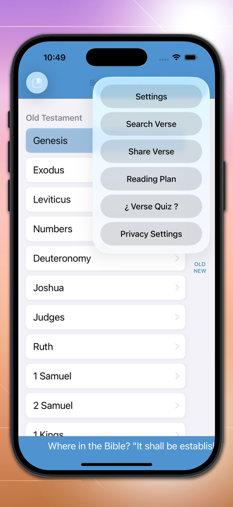 Bible-Simple Bible - Interface of Bible-Simple Bible app showing Old Testament books and a navigation menu with settings and search options.