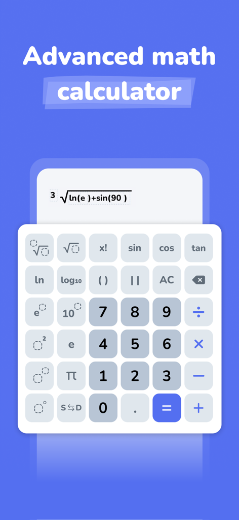 Advanced math calculator interface with scientific functions in the Coursology AI app