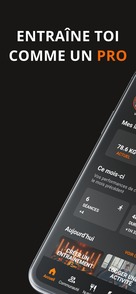 MetamorphX - MetamorphX mobile app dashboard showing fitness tracking stats and the slogan train like a pro in French