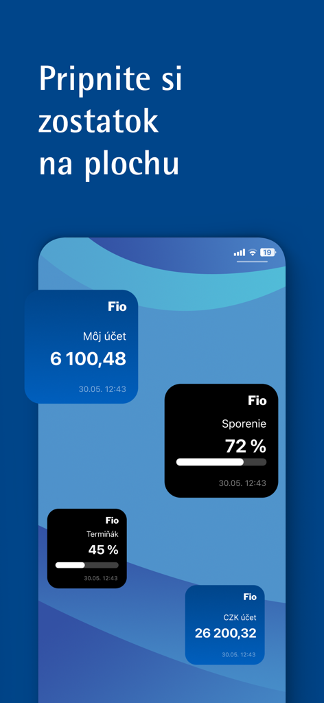 Widgets do aplicativo Fio Smartbanking SK na tela inicial do iOS mostrando saldos de conta e progresso de poupança