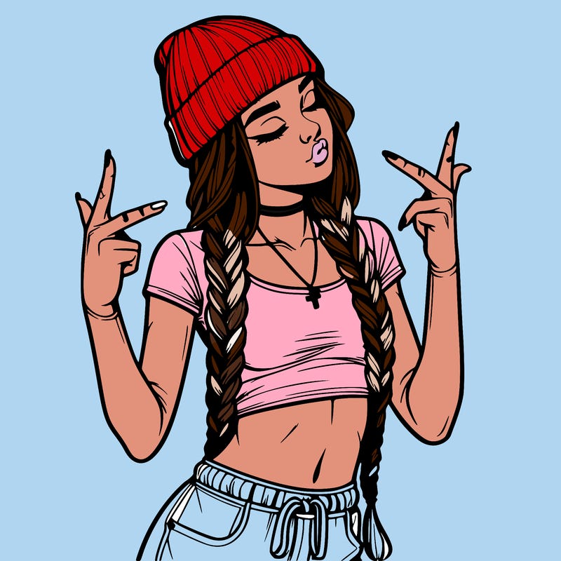 realistic teenage girl with braids and a beanie and crop top doing 🫶🏼