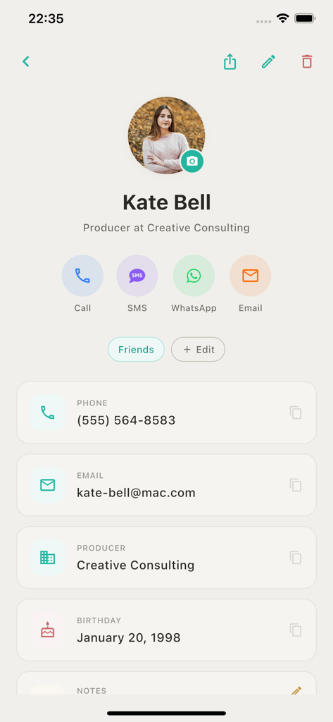 Tidy - Contacts Manager - A contact profile view in the Tidy app featuring quick action icons for call sms whatsapp and email alongside contact details like phone and birthday