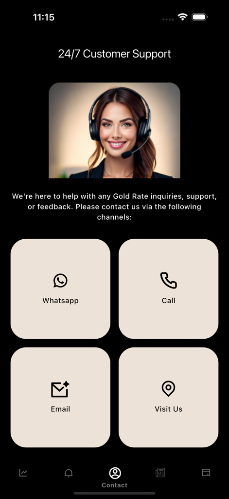 Switz Gold - Tela de suporte ao cliente 24/7 do aplicativo Switz Gold com opções de contato para Whatsapp, chamada, e-mail e visita